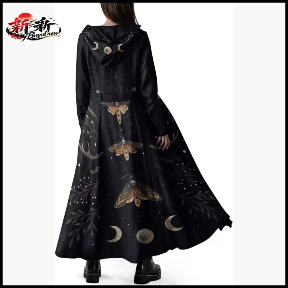 Long Fleece Trench Coat with Hood, Belted Overcoat, Gothic Winter Peacoat